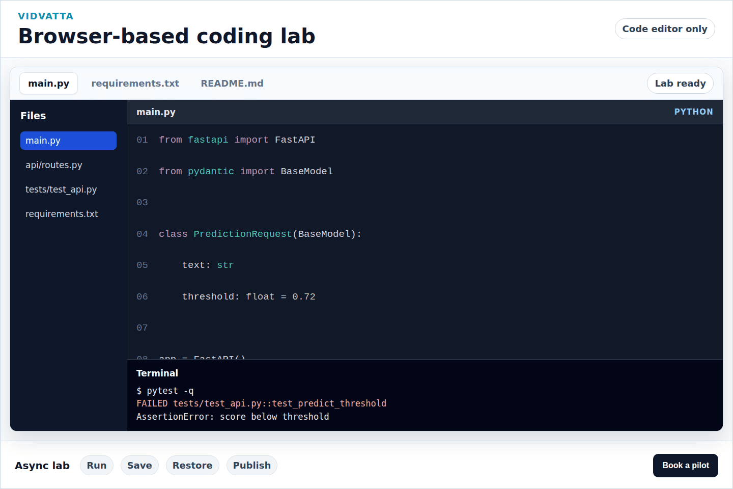 Vidvatta browser based coding lab with file editor, terminal, and workspace controls.