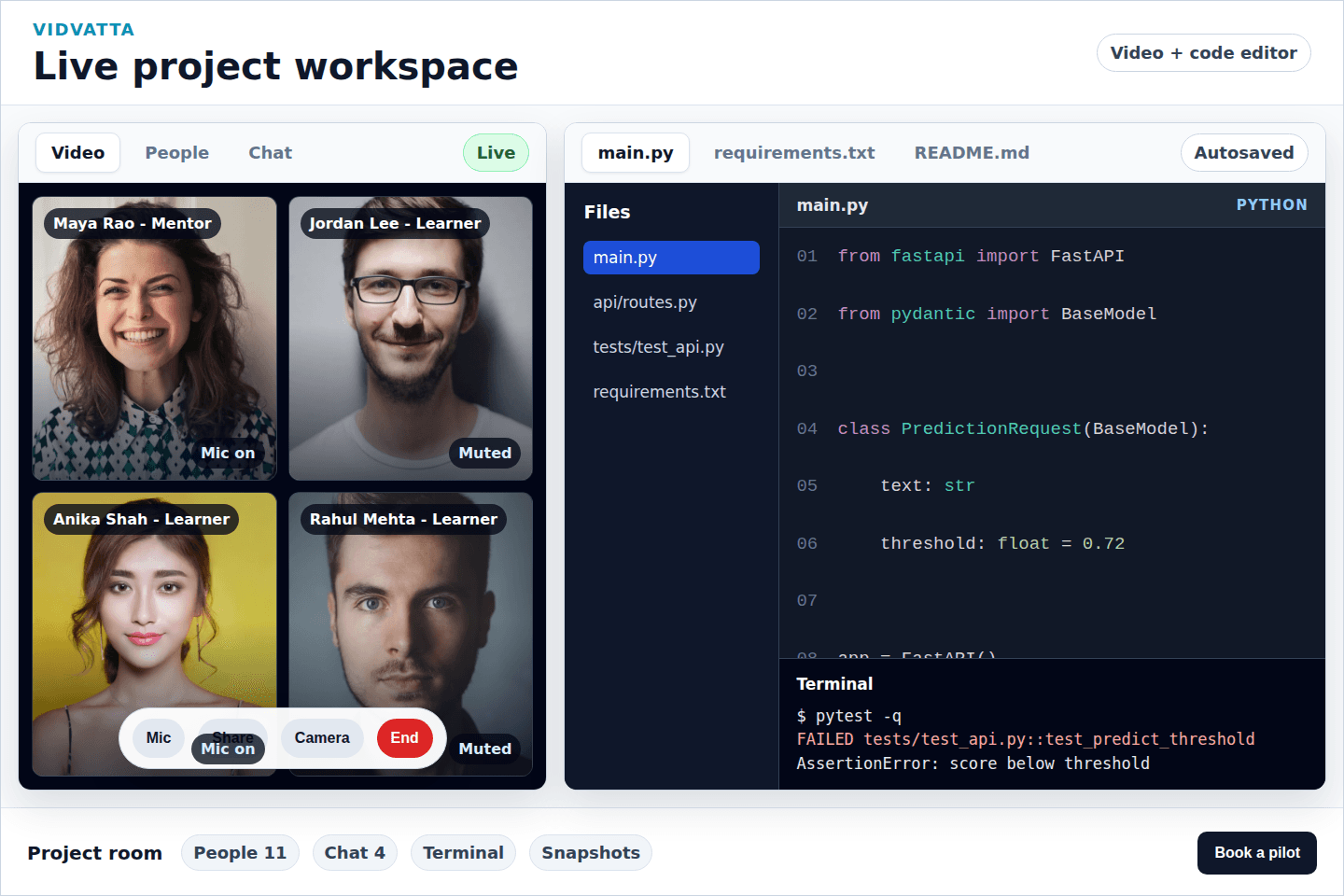 Vidvatta live project workspace with video conferencing, file editor, and terminal.