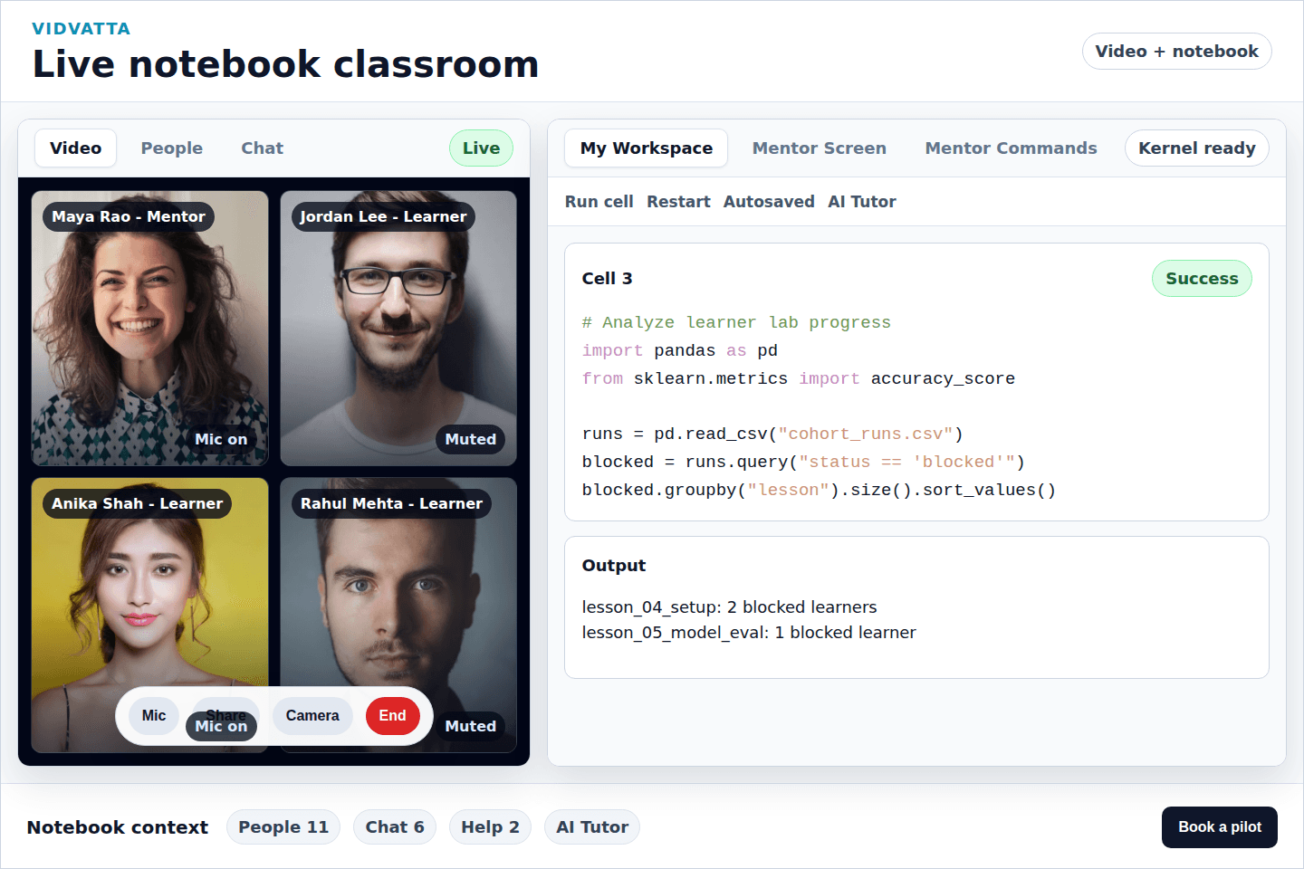 Vidvatta live notebook classroom with video, notebook cells, kernel controls, and output.