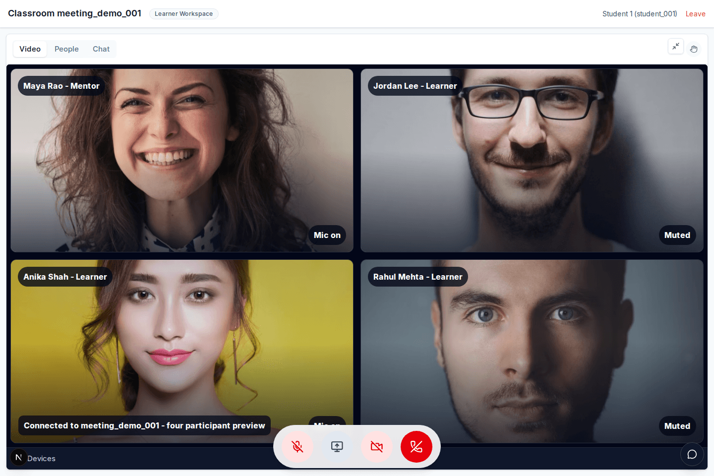 Vidvatta focused live instruction mode with full classroom video, chat, people, and controls.